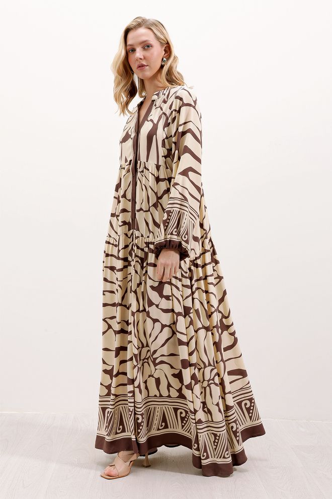 Bigdart Μπεζ Φόρεμα Με Animal Print Μακριά Ισια Μανίκια Και V λαιμόκοψη Χονδρικό εμπόριο ενδυμάτων Απλό