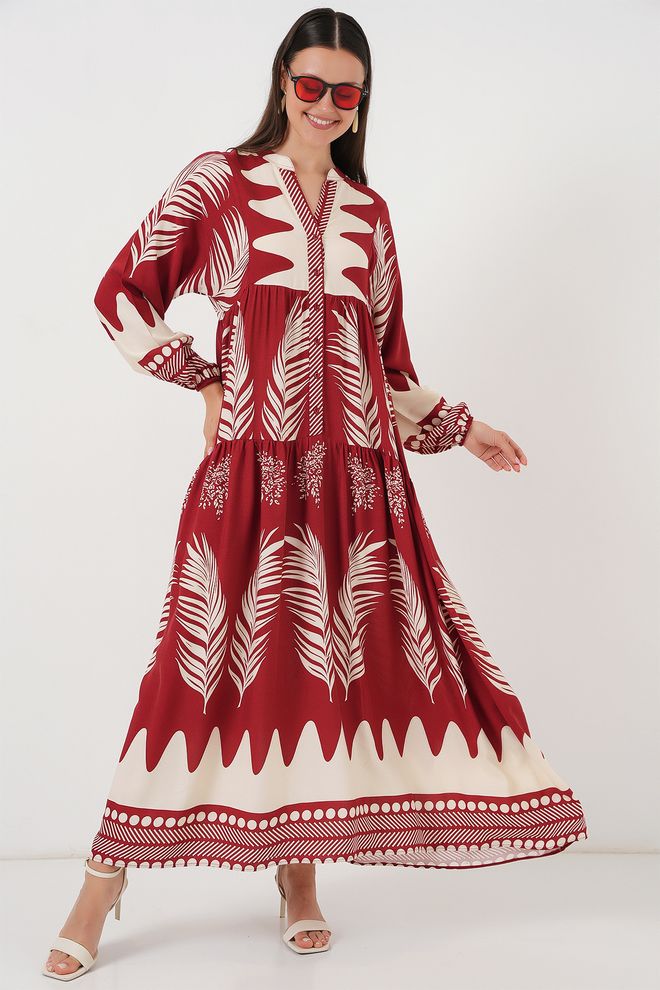 Bigdart Maxi Kaftan Kleid In Bordeauxrot Mit Blumenmuster Und V Ausschnitt Großhandelskleidung Modest