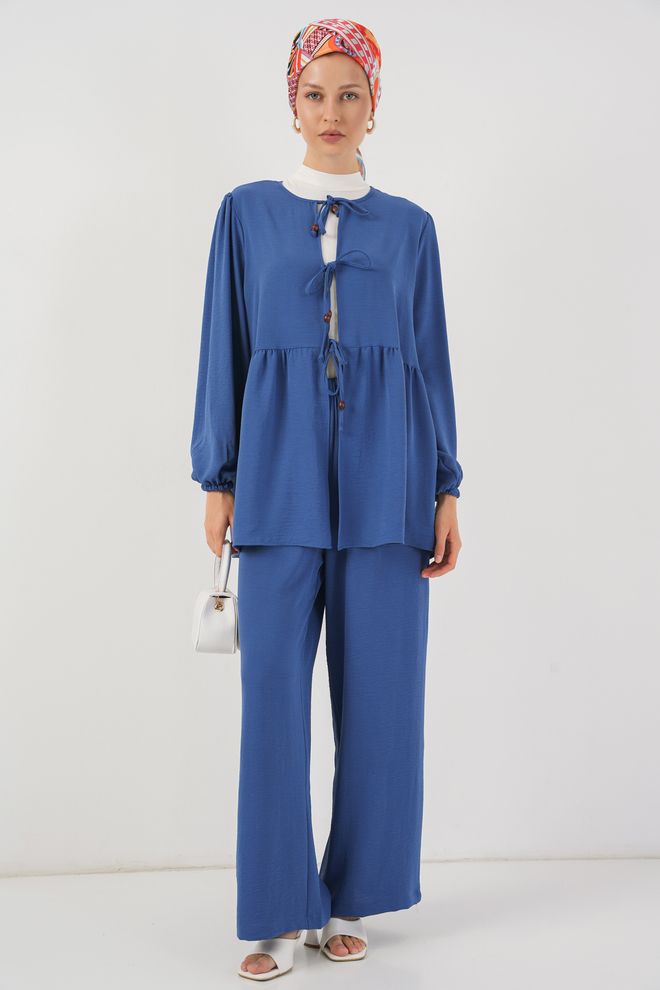 Bigdart Mėlynas Elegantiškas Kuklus Kostiumas Su Palazzo Kelnėmis Didmeninė prekyba drabužiais Apykaklė su įkirpimu