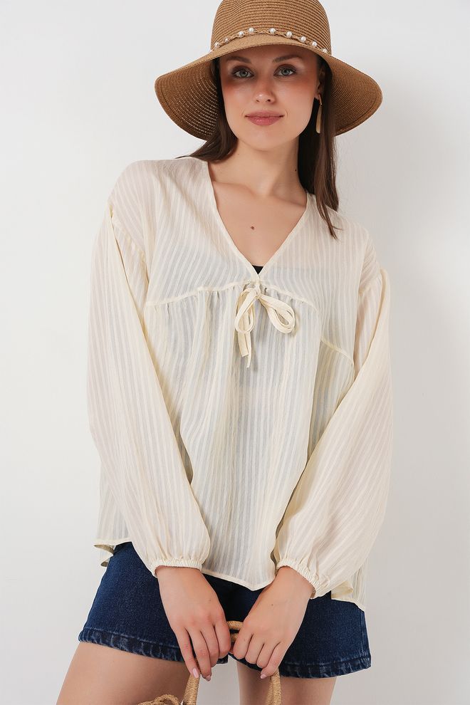Bigdart Beige Blouse With Striped Pattern And V Neck Wholesale Clothing Modest