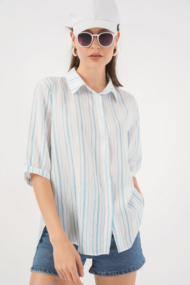 Bigdart Chemise Décontractée Blanche Rayée Avec Encolure Échancrée Vêtements en gros Décontracté