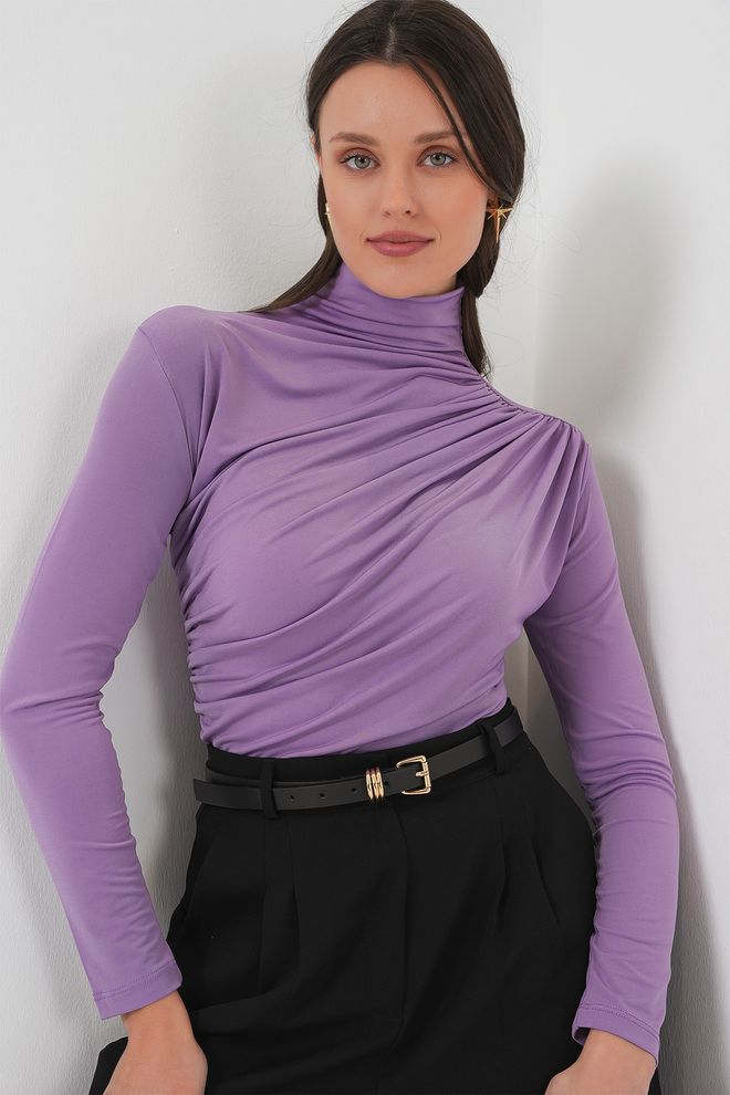 Bigdart Elegante Lila Bluse Mit Hohem Kragen Und Langen Ärmeln Großhandelskleidung Lässig
