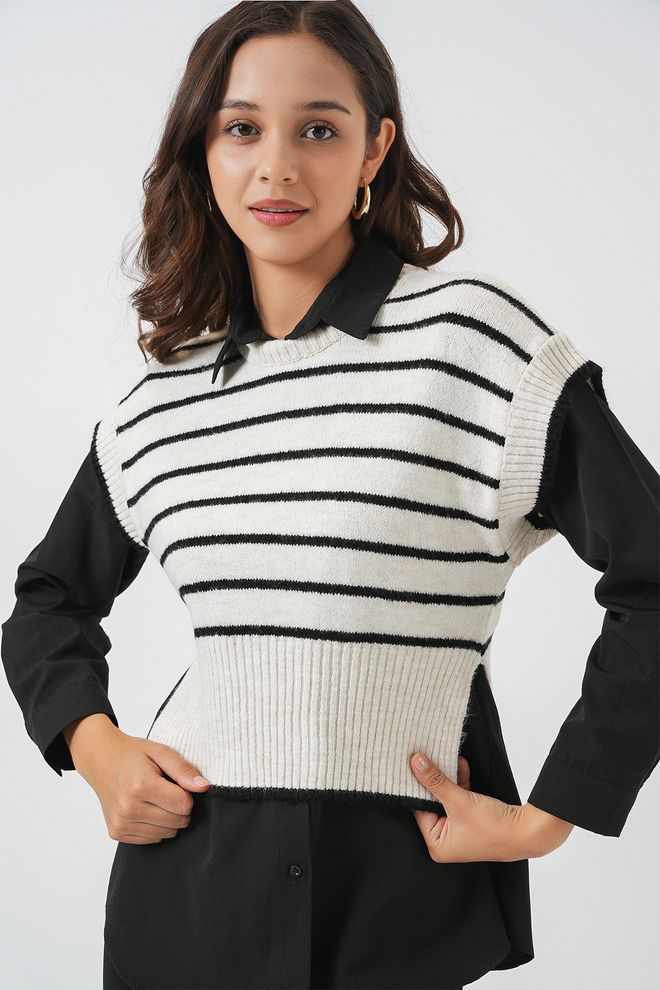 Bigdart White Striped Sleeveless Crew Neck Crop Sweater Wholesale Clothing Casual