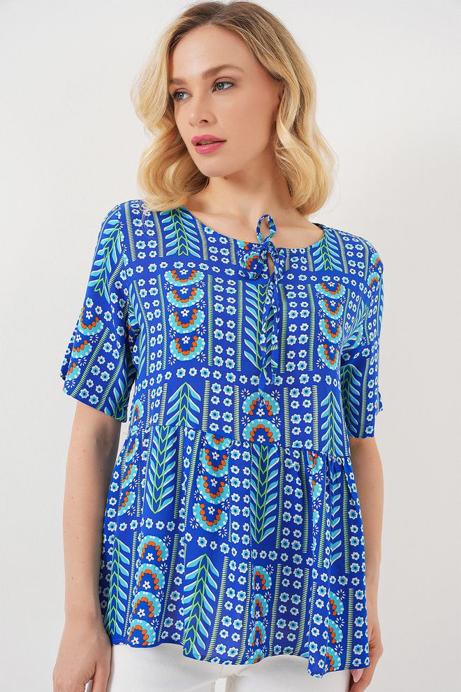 Bigdart Blue Casual Boho Floral Blouse With Half Sleeves Wholesale Clothing Modest