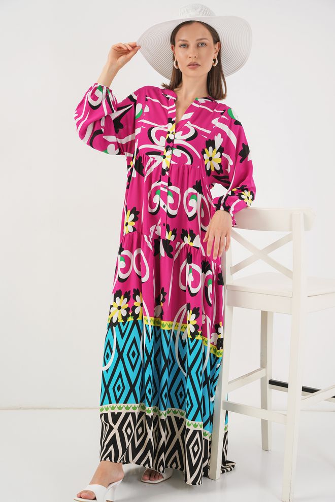 Bigdart Rochie Fuchsia Etnică Boho Până La Podea Tip Smock Mâneci Drepte Lungi Îmbrăcăminte cu ridicata Lejer