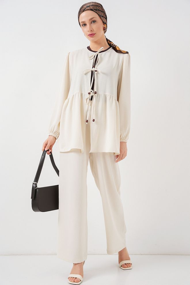Bigdart Beige Suit With Tie Closure And Modest Elegant Style Wholesale Clothing Modest