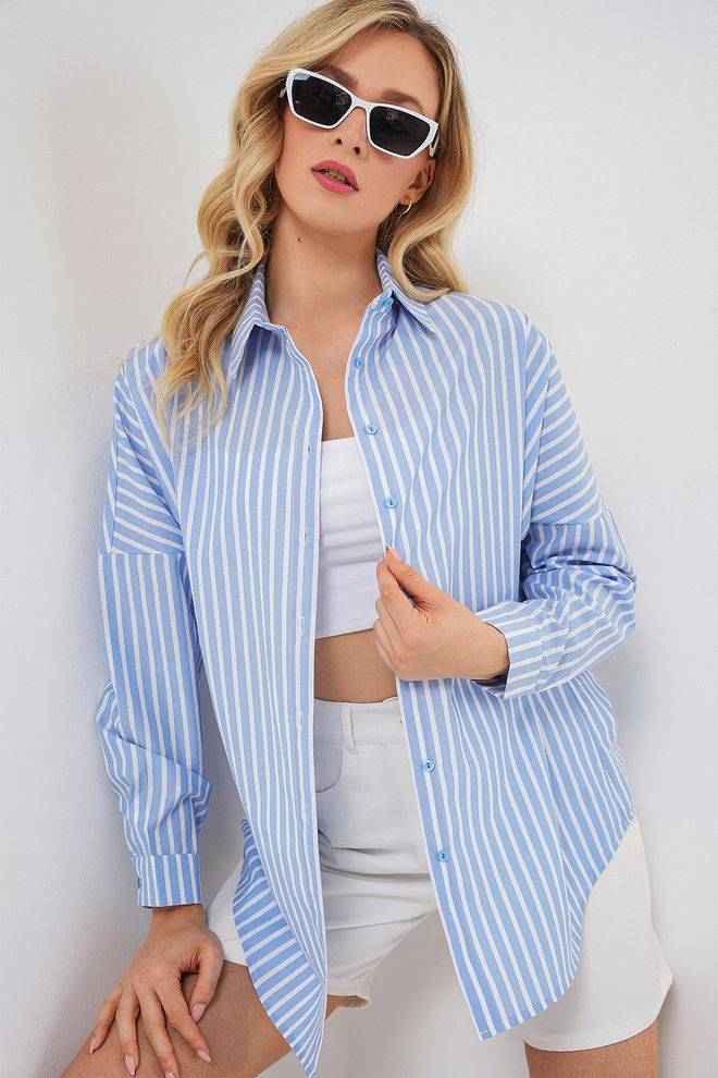 Bigdart Blauw Gestreept Casual Oversized Shirt Groothandel Kleding Casual