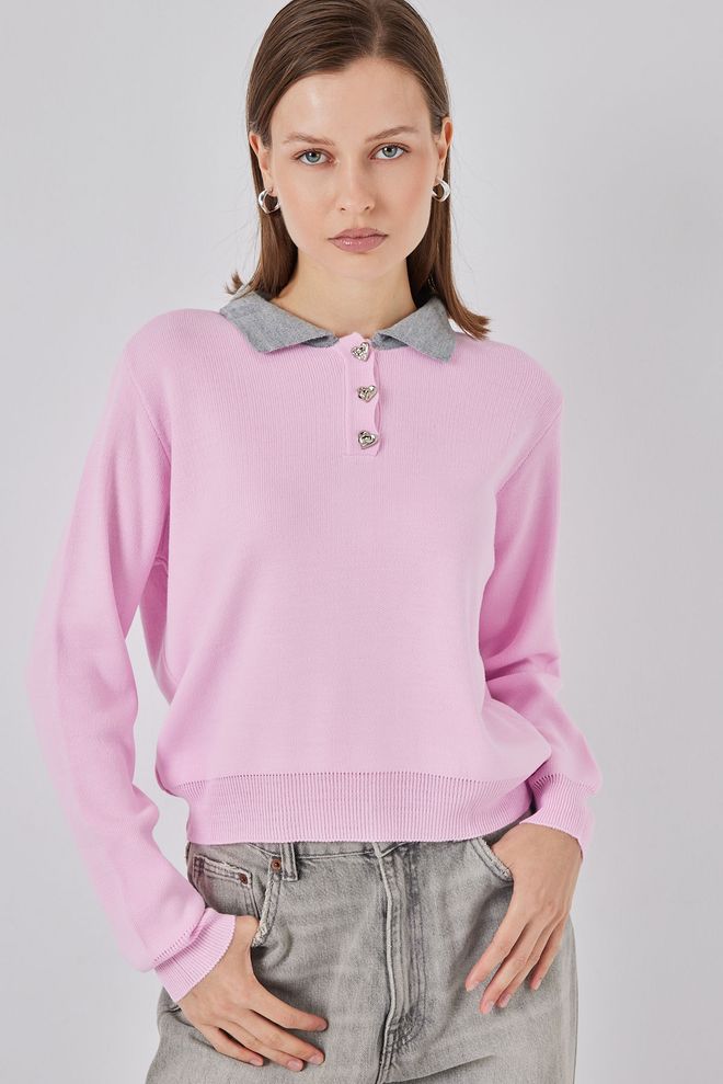 Bigdart Pink Sweater With Polo Neck And Long Sleeves Wholesale Clothing Casual