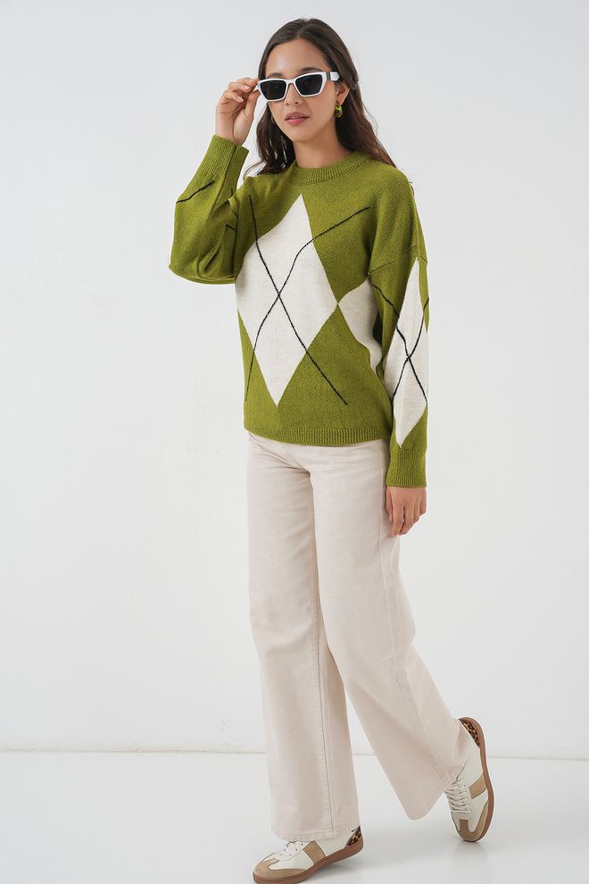 Bigdart Camisola Verde Casual Vintage Xadrez Roupas por atacado 1