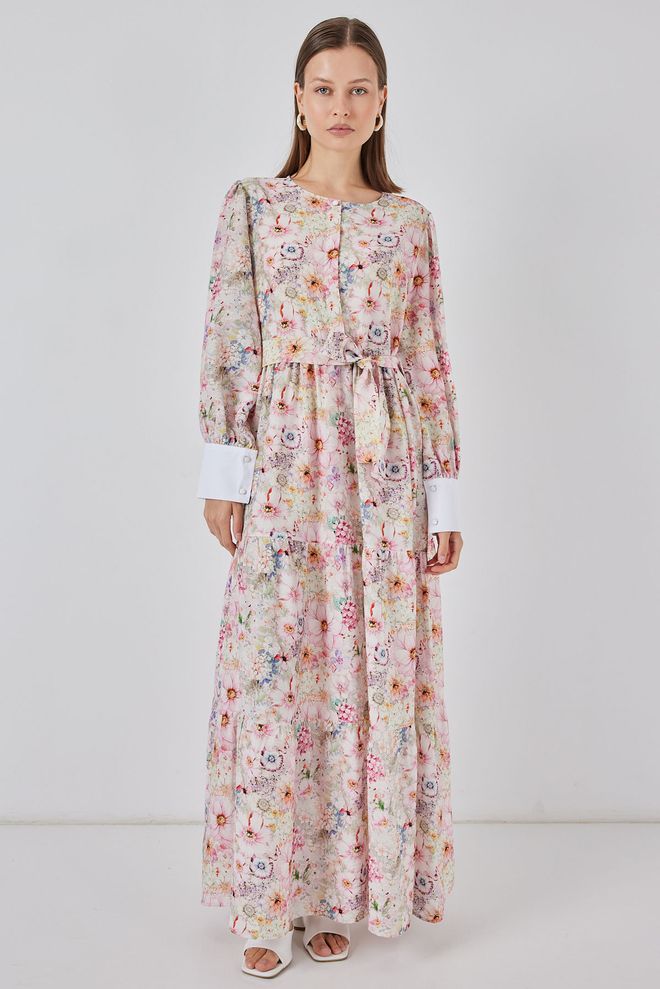 Bigdart Rosa Floral Fit And Flare Bodenlanges Kleid Mit Langen Ärmeln Großhandelskleidung Modest
