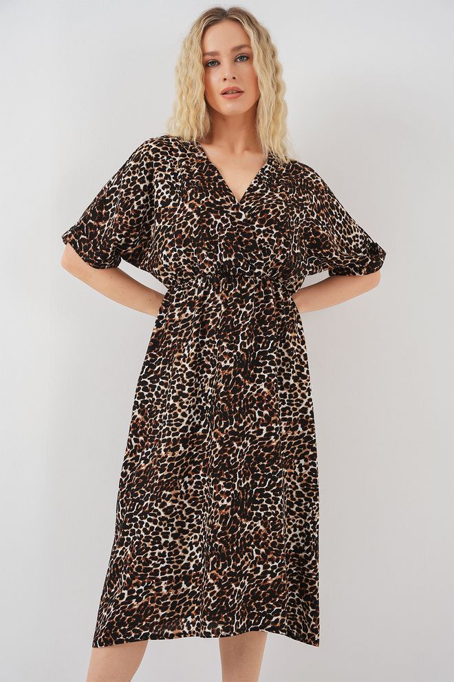 Bigdart Brown Wrap Dress With Animal Print And V Neck Wholesale Clothing Casual