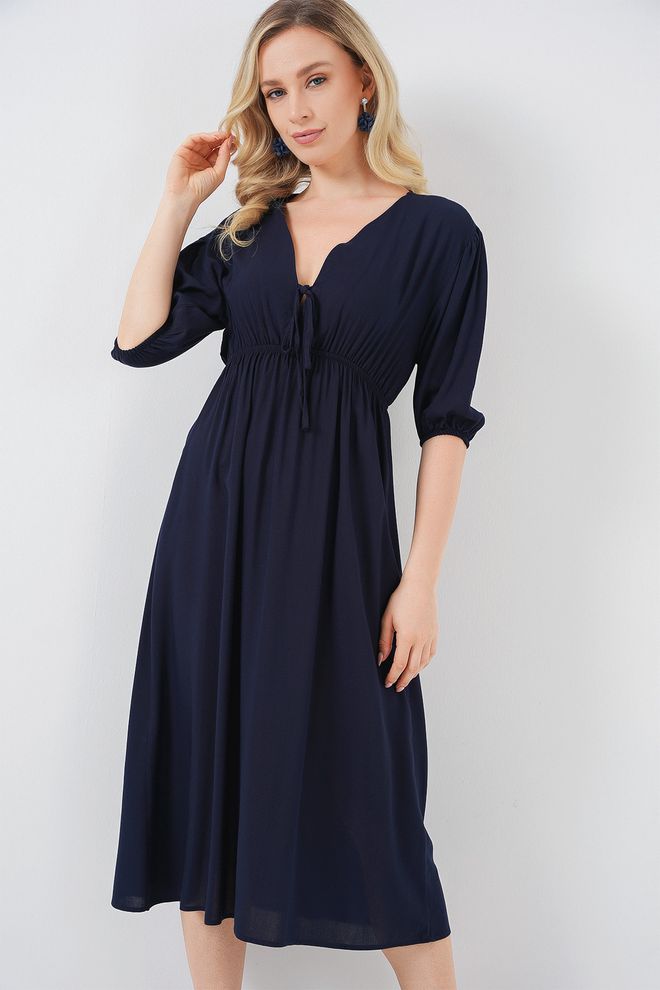 Bigdart Navy Blue Elegant A Line Midi Dress With V Neck Wholesale Clothing Modest