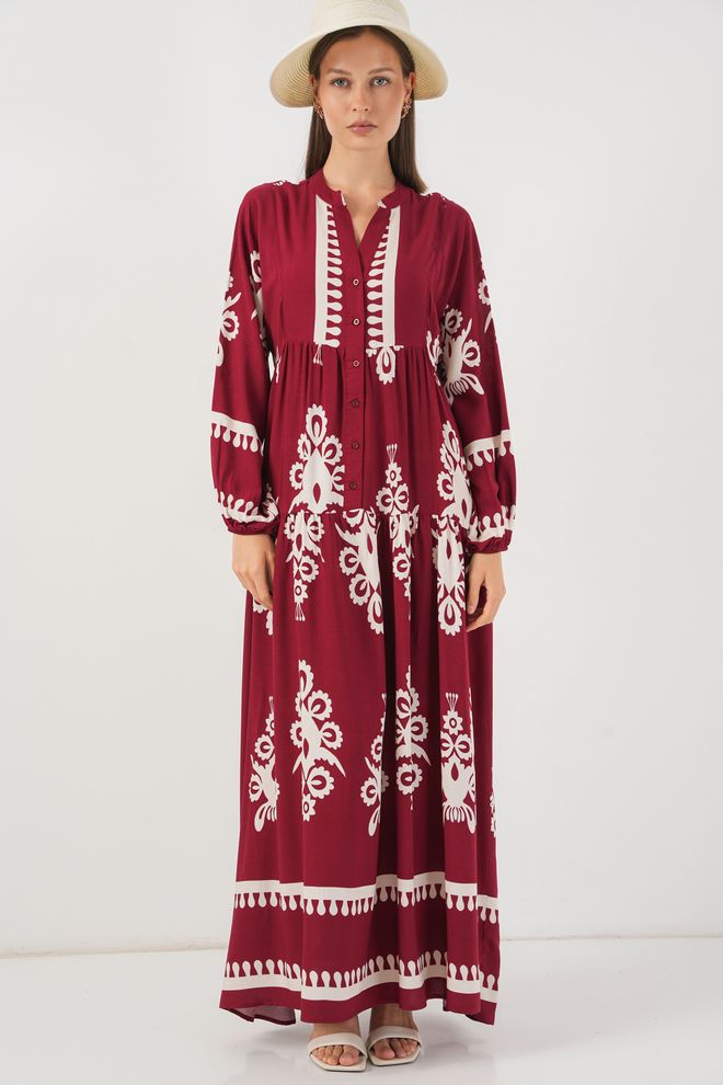 Bigdart Gemustertes Langes Hijab Kleid 2585 A.bordo Großhandelskleidung 0
