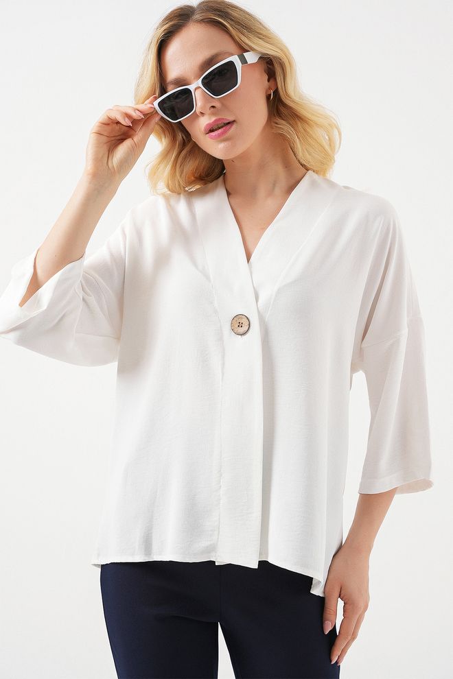 Bigdart Kimono Blanc Grande Taille Avec Col En V Et Manches 3/4 Vêtements en gros Modeste