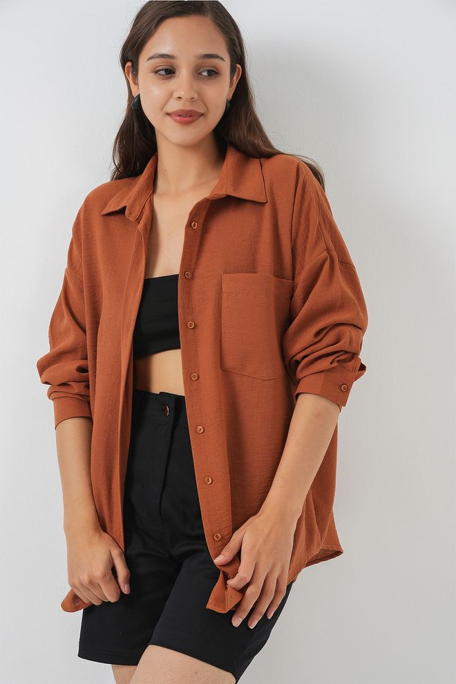 Bigdart Hnedá Neformálna Košeľa Na Gombíky S Polo Výstrihom V Oversize Štýle Veľkoobchod s oblečením Doma