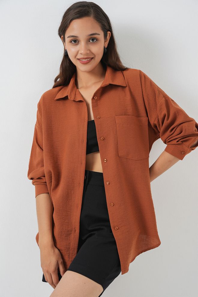 Bigdart Hnedá Neformálna Košeľa Na Gombíky S Polo Výstrihom V Oversize Štýle Veľkoobchod s oblečením Streetwear