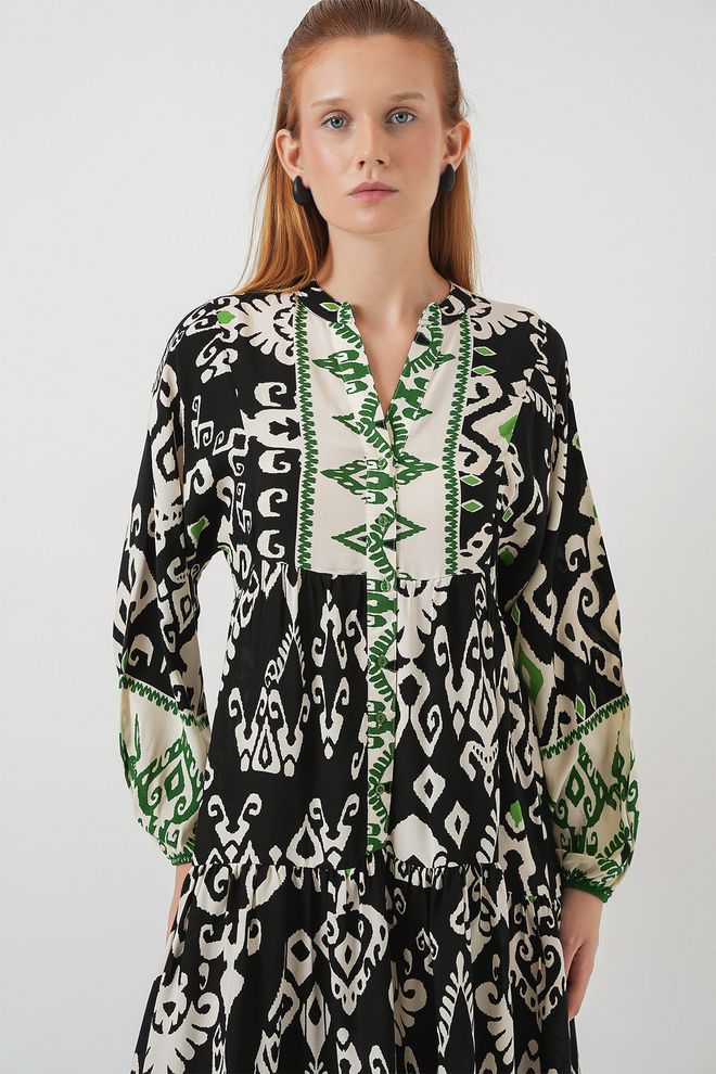 Bigdart Μαύρο Εθνοτικό Φόρεμα Με Λαιμόκοψη Grandad Και Μακριά Ισια Μανίκια Εως Το Πάτωμα Χονδρικό εμπόριο ενδυμάτων 1