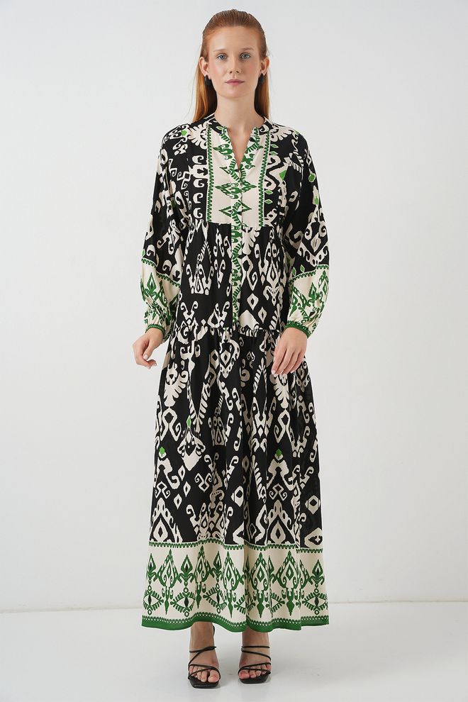 Bigdart Μαύρο Εθνοτικό Φόρεμα Με Λαιμόκοψη Grandad Και Μακριά Ισια Μανίκια Εως Το Πάτωμα Χονδρικό εμπόριο ενδυμάτων Σαλόνι