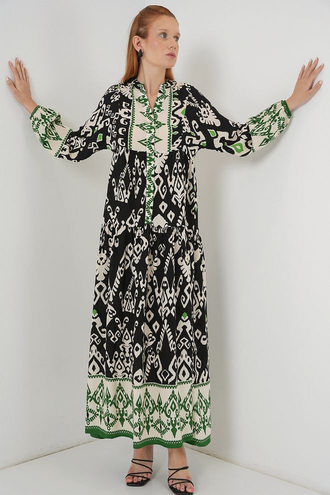 Bigdart Μαύρο Εθνοτικό Φόρεμα Με Λαιμόκοψη Grandad Και Μακριά Ισια Μανίκια Εως Το Πάτωμα Χονδρικό εμπόριο ενδυμάτων Άνοιξη