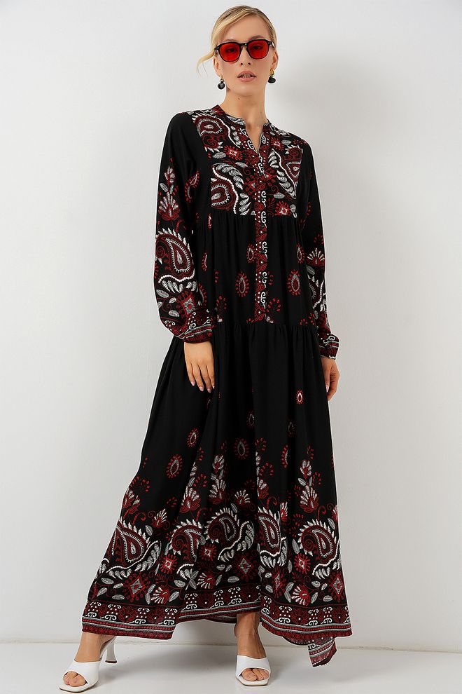 Bigdart Μαύρο Εθνοτικό Φόρεμα Smock Με Paisley V Λαιμόκοψη Χονδρικό εμπόριο ενδυμάτων Απλό