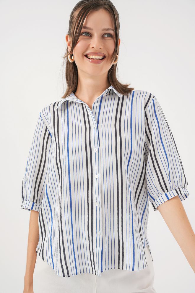 Bigdart Chemise Décontractée Rayée Blanche À Manches 3/4 Vêtements en gros Décontracté