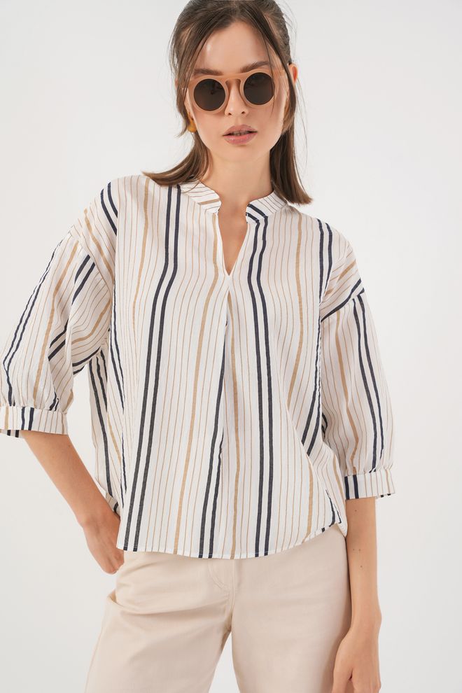 Bigdart White Striped Blouse With 3/4 Straight Sleeves Wholesale Clothing Modest