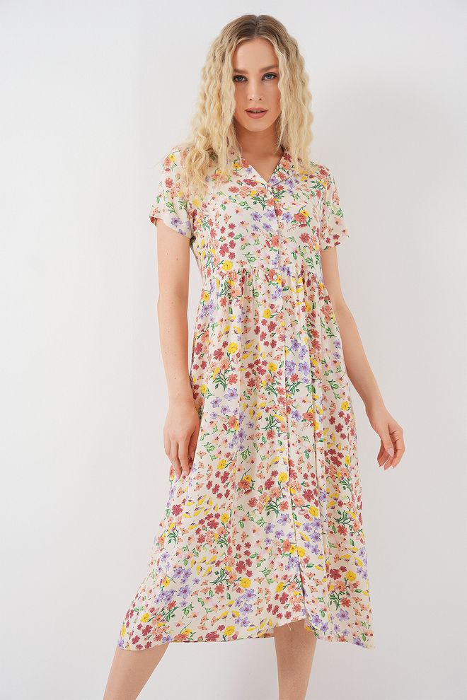 Bigdart Mix Kleur Bloemen Shirt Midi Jurk Met Geribbelde Hals Groothandel Kleding 1