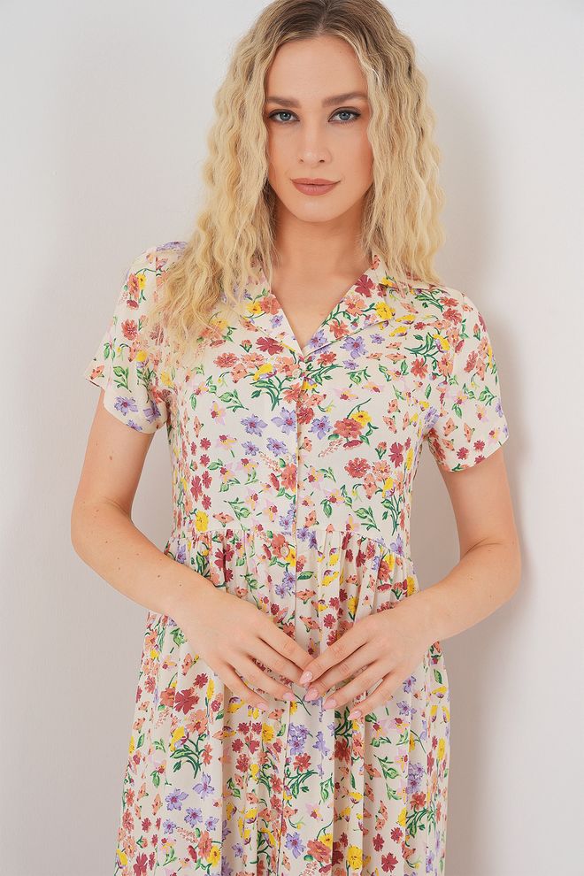 Bigdart Mix Kleur Bloemen Shirt Midi Jurk Met Geribbelde Hals Groothandel Kleding Lente