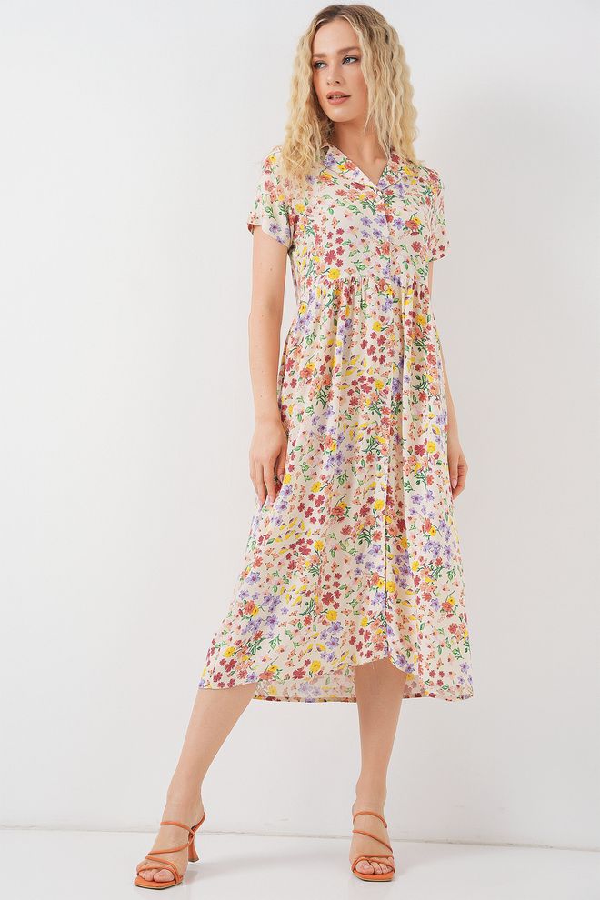 Bigdart Mix Kleur Bloemen Shirt Midi Jurk Met Geribbelde Hals Groothandel Kleding Lounge