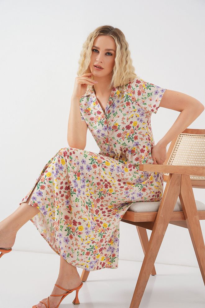 Bigdart Mix Kleur Bloemen Shirt Midi Jurk Met Geribbelde Hals Groothandel Kleding Casual