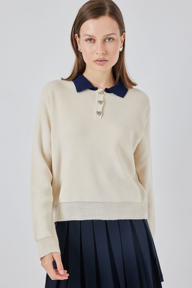Bigdart Beige Sweater With Polo Neck And Long Sleeves Wholesale Clothing Casual
