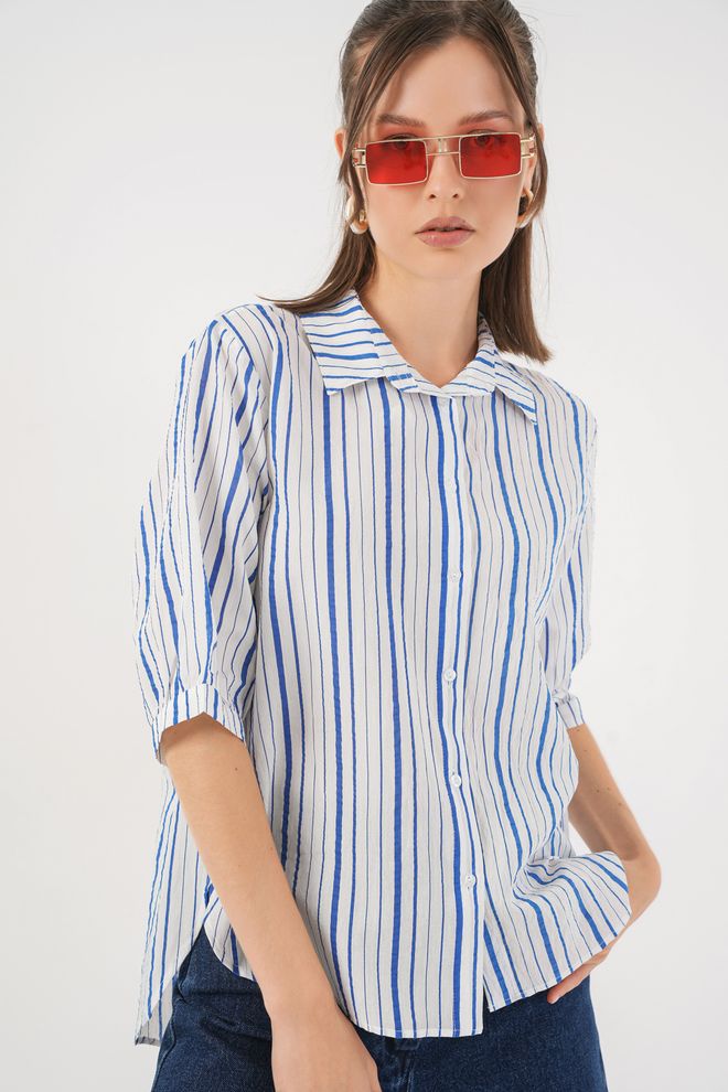Bigdart Chemise Blanche Rayée Col Polo Boutonnée Vêtements en gros Décontracté