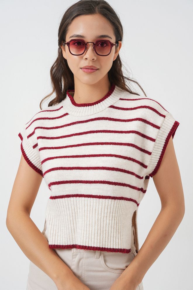 Bigdart White Striped Oversized Fit Crop Sweater With Cap Sleeves Wholesale Clothing Casual