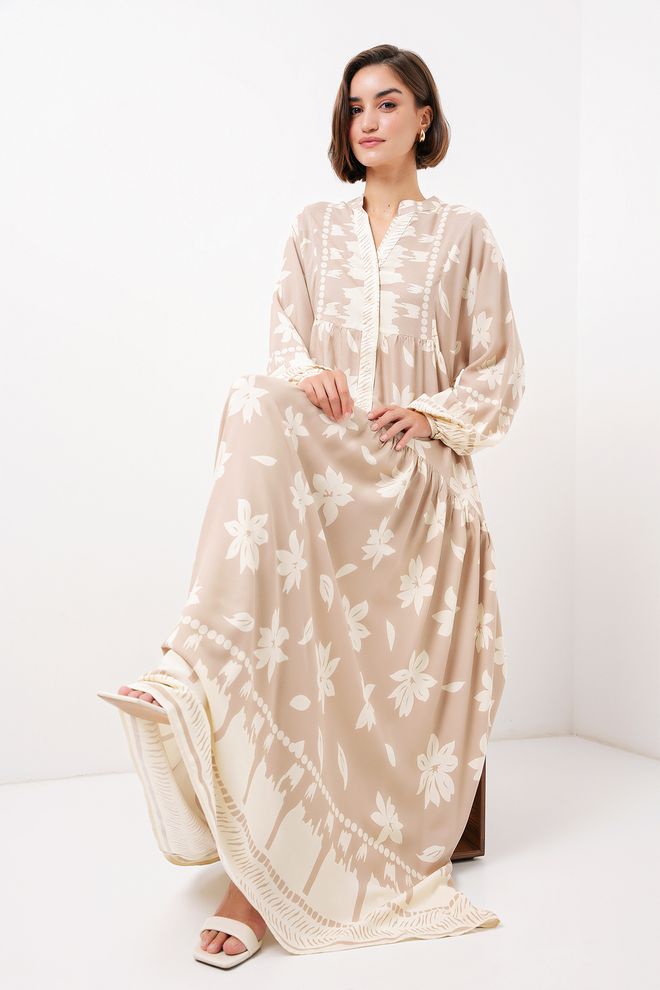 Bigdart Μπεζ Εθνοτικά Boho Φόρεμα Με Μακριά Ισια Μανίκια Και Smock Τύπο Χονδρικό εμπόριο ενδυμάτων Απλό