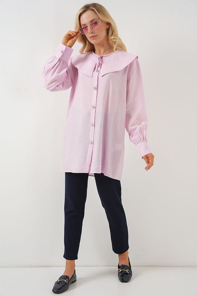 Bigdart Pink Buttoned Puff Sleeve Tunic Wholesale Clothing 1