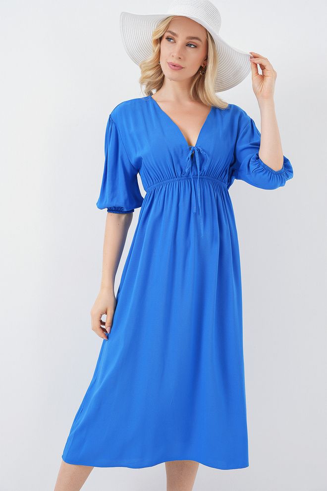 Bigdart Blauwe A lijn Jurk Met Pof 3/4 Mouwen Midi Lengte En V hals Groothandel Kleding Casual