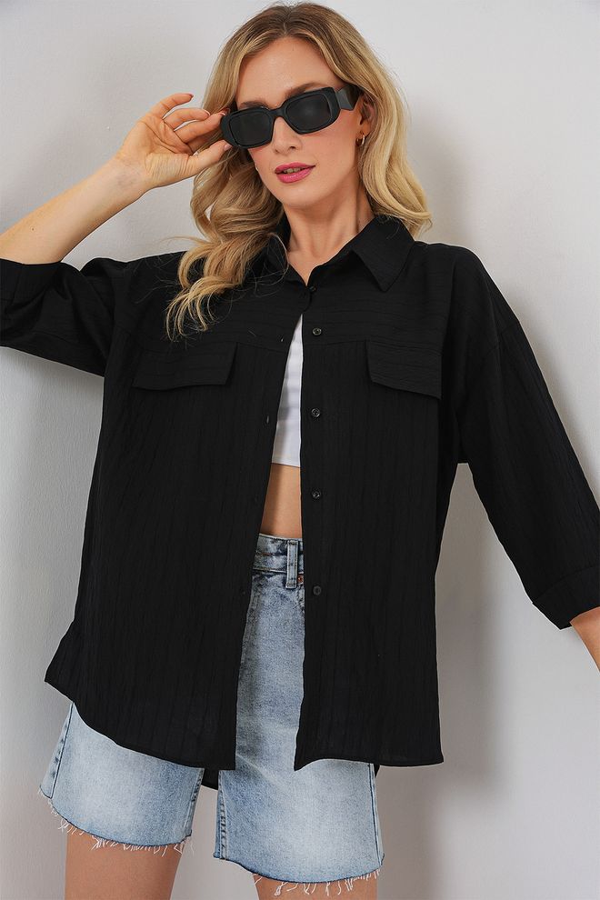 Bigdart Chemise Noire Décontractée Grande Taille Avec Encolure Échancrée Vêtements en gros Décontracté