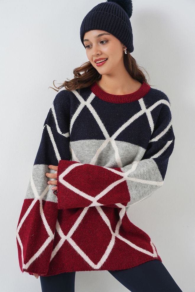 Bigdart Baklava Desenli Oversize Uzun Kazak 15931 Bordo Toptan Giyim 0