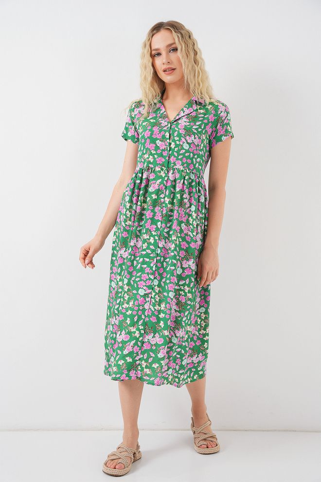 Bigdart Groene Bloemen Shift Jurk Met V hals En Midi Lengte Groothandel Kleding 1