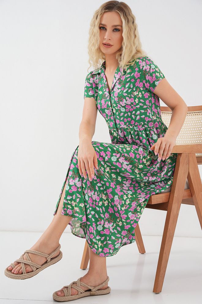 Bigdart Groene Bloemen Shift Jurk Met V hals En Midi Lengte Groothandel Kleding Lounge