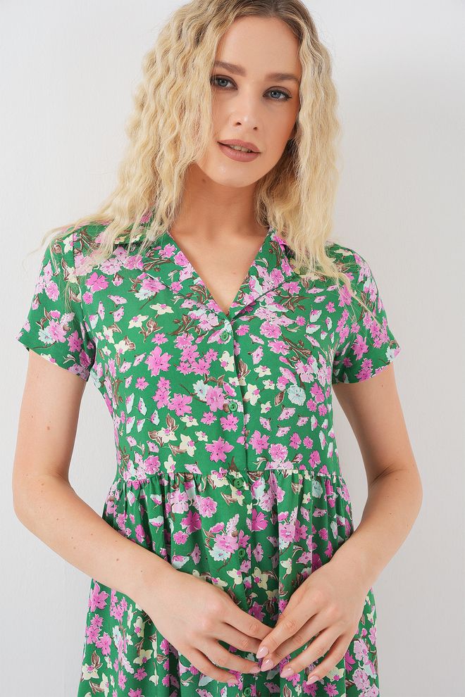 Bigdart Groene Bloemen Shift Jurk Met V hals En Midi Lengte Groothandel Kleding Lente