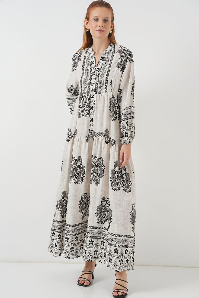 Bigdart Beżowa Sukienka Smoking Z Dekoltem Typu Grandad I Wzorem Paisley Hurtowa sprzedaż odzieży Wiosna
