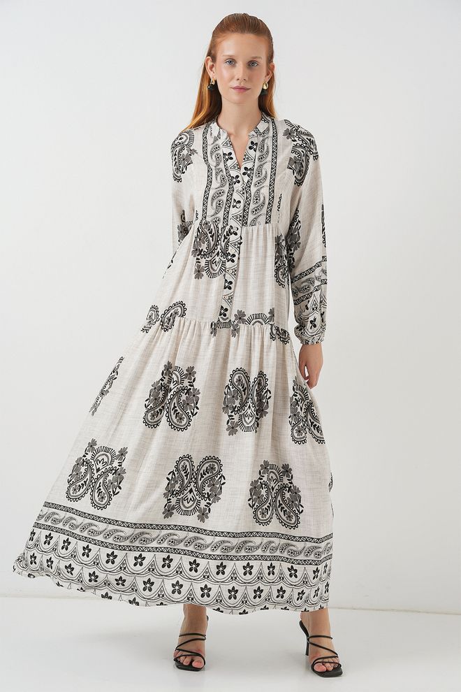 Bigdart Beżowa Sukienka Smoking Z Dekoltem Typu Grandad I Wzorem Paisley Hurtowa sprzedaż odzieży Odpoczynek