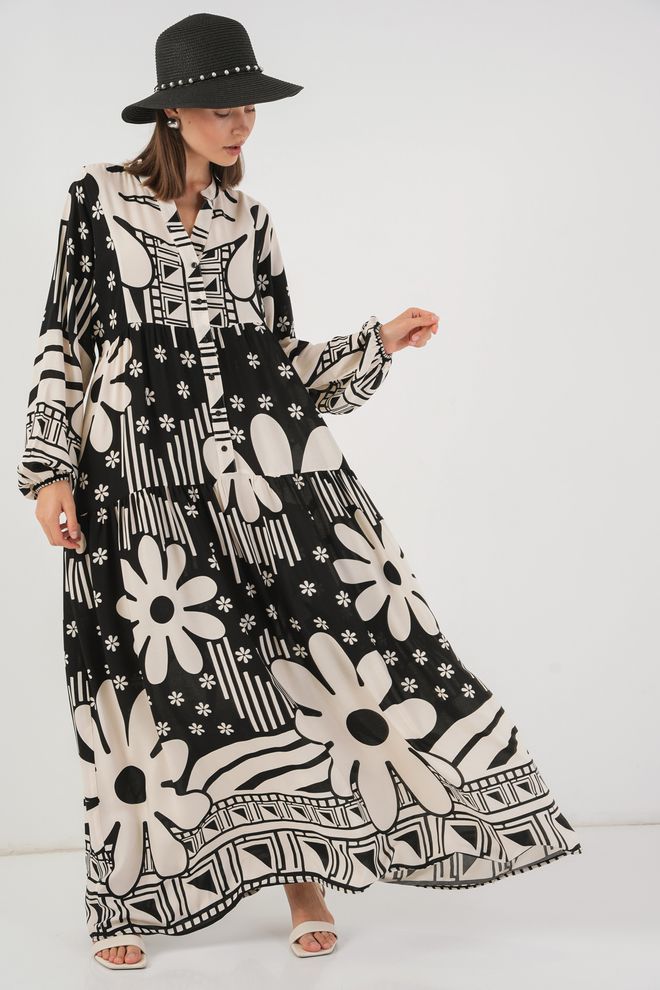 Bigdart Čierne Boho Šaty Smock S Kvetinovým A Geometrickým Vzorom Veľkoobchod s oblečením Jar