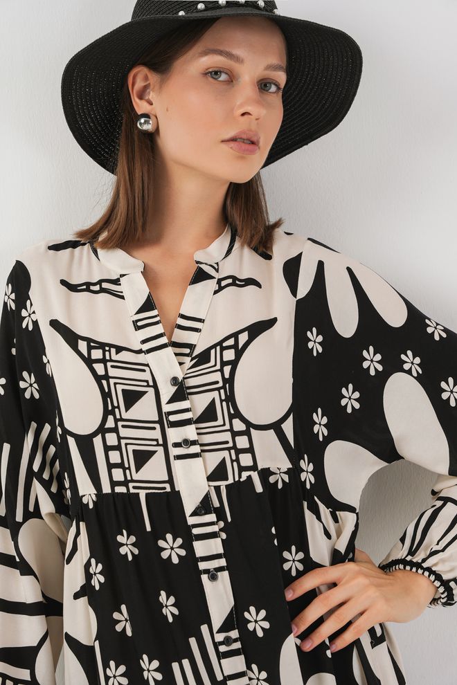 Bigdart Čierne Boho Šaty Smock S Kvetinovým A Geometrickým Vzorom Veľkoobchod s oblečením 1