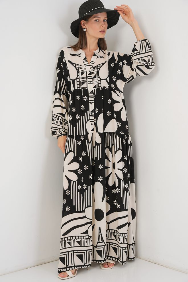 Bigdart Siyah Boho Smock Elbise Çiçek Ve Geometrik Desenli Toptan Giyim Tesettür