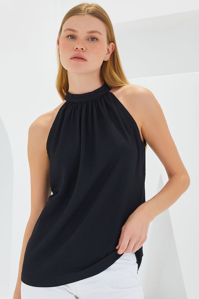 Bigdart Schwarze Bluse Mit Hohem Hals Und Kappenärmeln Großhandelskleidung Lässig