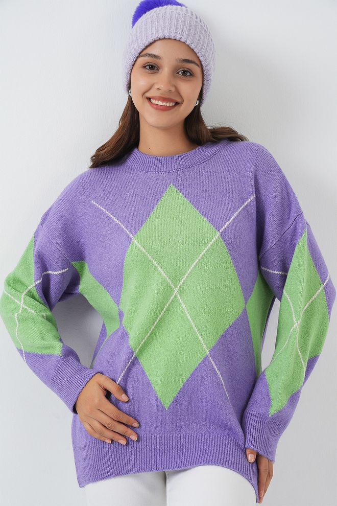 Bigdart Lila Kariert Oversize Pullover Großhandelskleidung Lässig