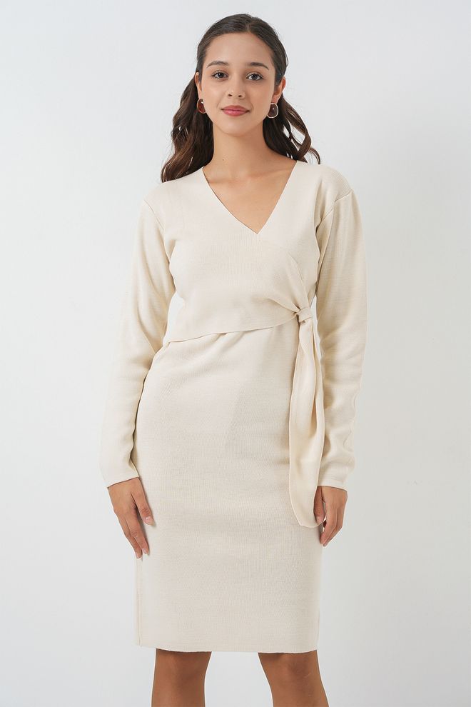 Bigdart Elegant Beige Wrap Dress With V Neck And Long Sleeves Wholesale Clothing Modest