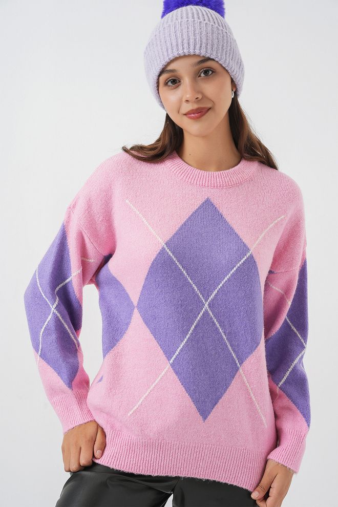 Bigdart Camisola Rosa Xadrez Com Decote Crew Roupas por atacado Outono